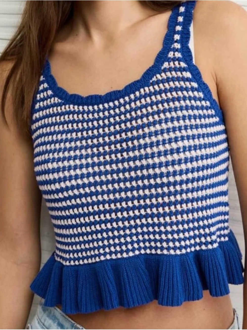 American eagle blue and White Crochet Ruffle Hem Tank Top size medium
